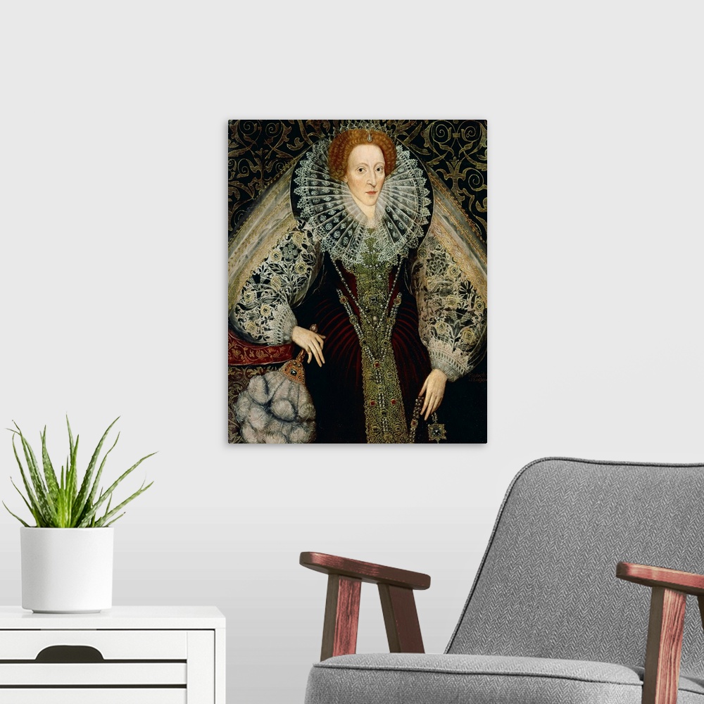 A modern room featuring BAL72728 Queen Elizabeth I, c.1585-90 (panel); by Bettes, John the Younger (c.1530-1615/6) (attr....