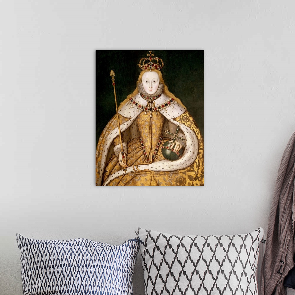 A bohemian room featuring BAL72707 Queen Elizabeth I in Coronation Robes, c.1559-1600 (oil on panel)  by English School, (1...