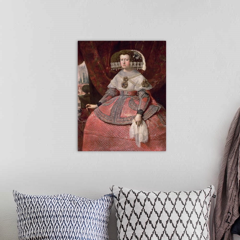 A bohemian room featuring XAM65662 Queen Maria Anna of Spain in a red dress, 1655/60; by Velasquez, Diego Rodriguez de Silv...