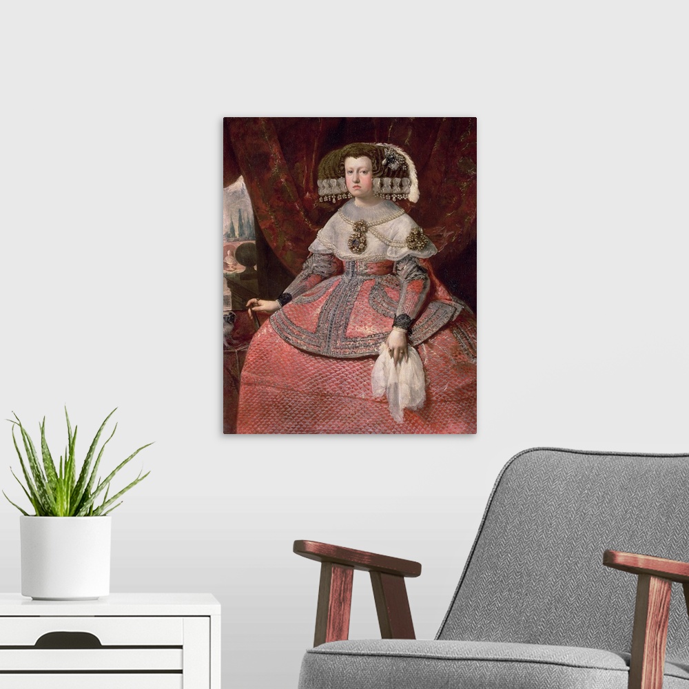 A modern room featuring XAM65662 Queen Maria Anna of Spain in a red dress, 1655/60; by Velasquez, Diego Rodriguez de Silv...