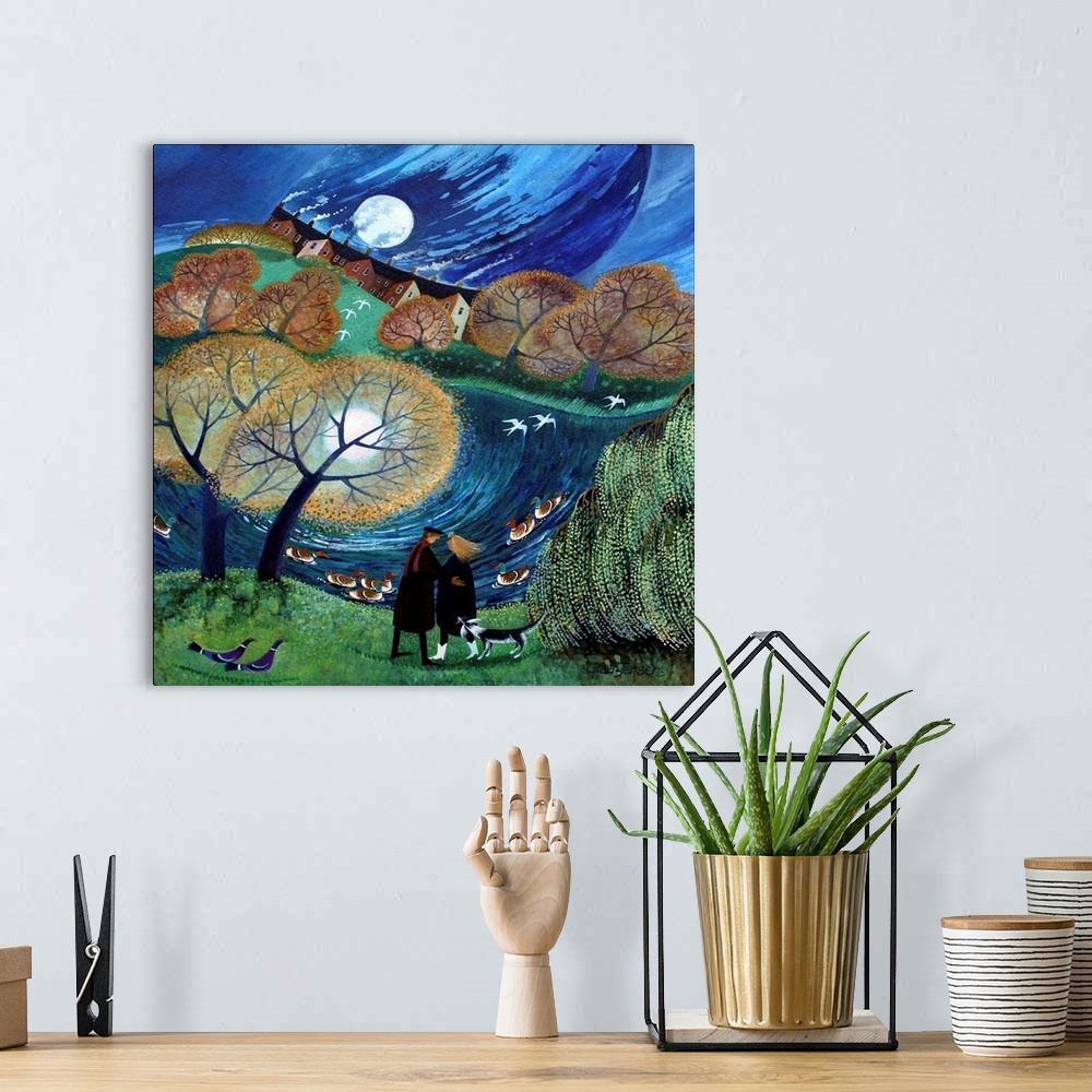 A bohemian room featuring Contemporary painting of a couple standing beside a river at night.