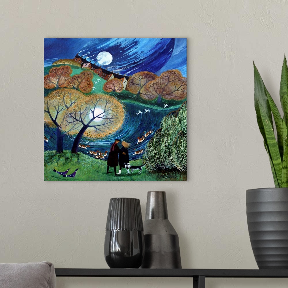 A modern room featuring Contemporary painting of a couple standing beside a river at night.