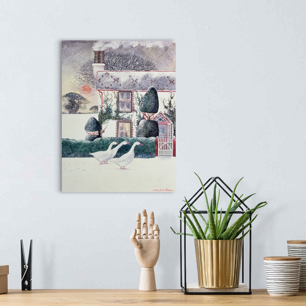 A bohemian room featuring Contemporary painting of three geese in the snow outside a house.