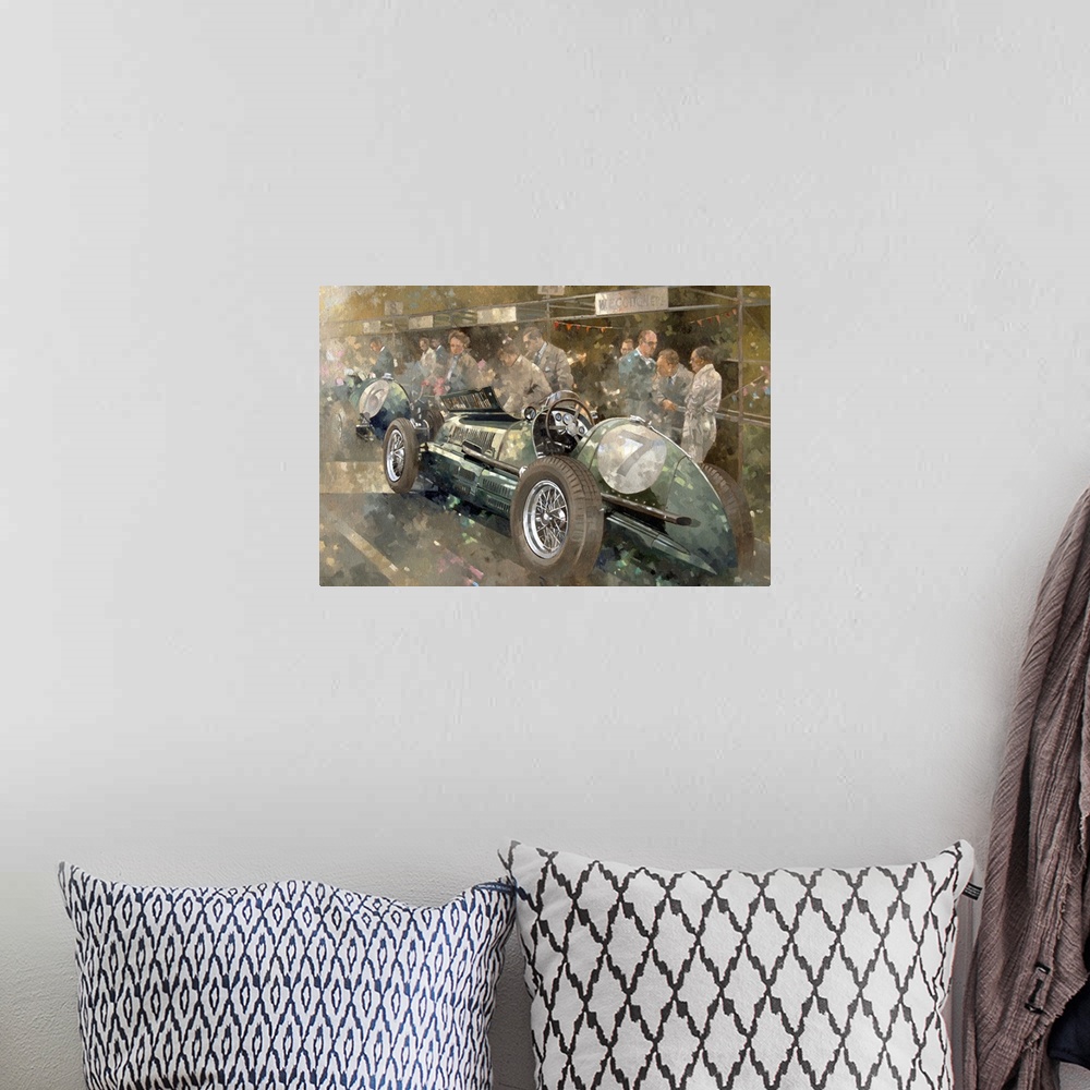 A bohemian room featuring This painting wall art is a painting of a vintage Italian race car surrounded by spectators at a ...