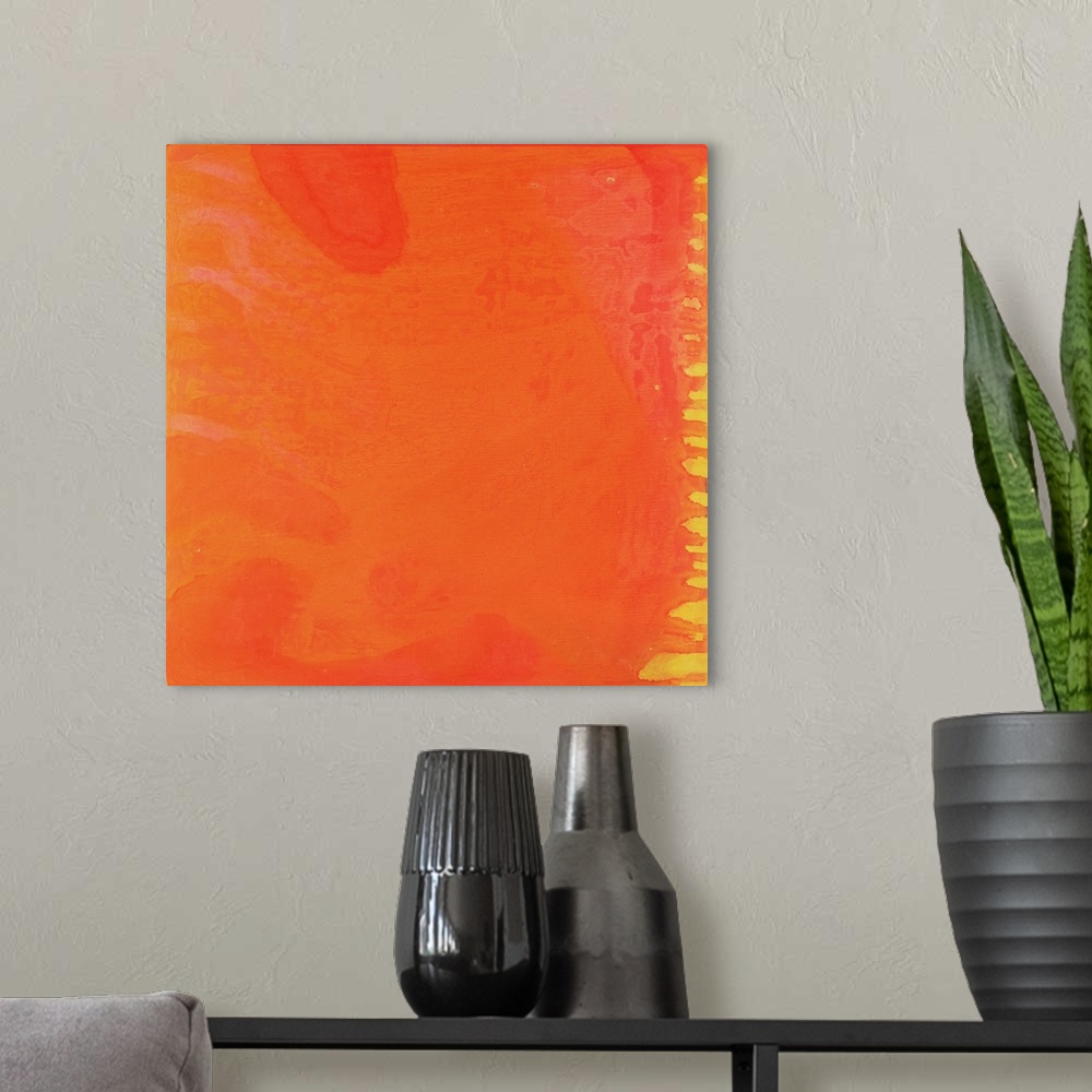A modern room featuring Rabbit Orange, 1997, originally oil and glaze on gesso board.