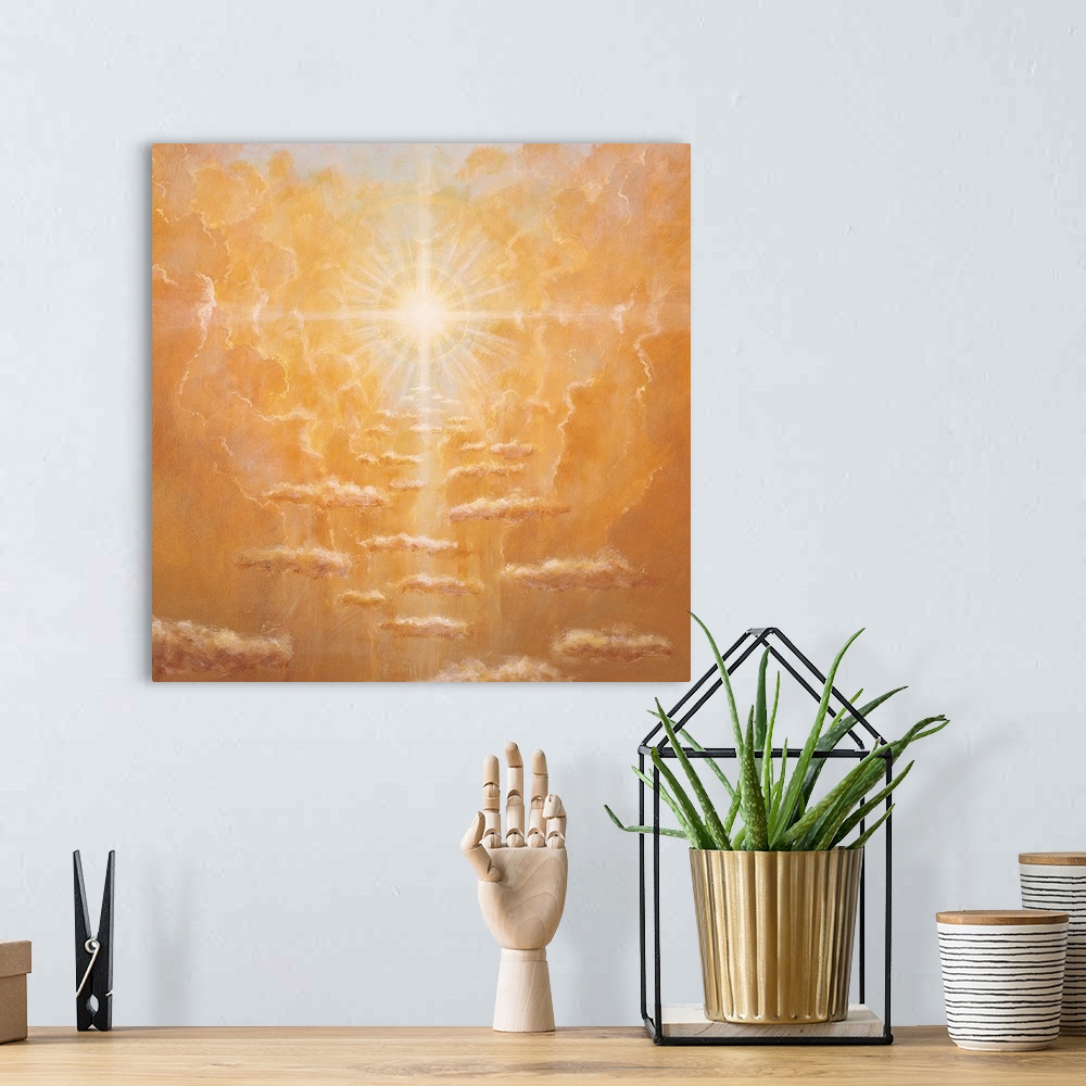 A bohemian room featuring Square canvas painting of warm toned clouds in the sky with a bright sun in the middle.