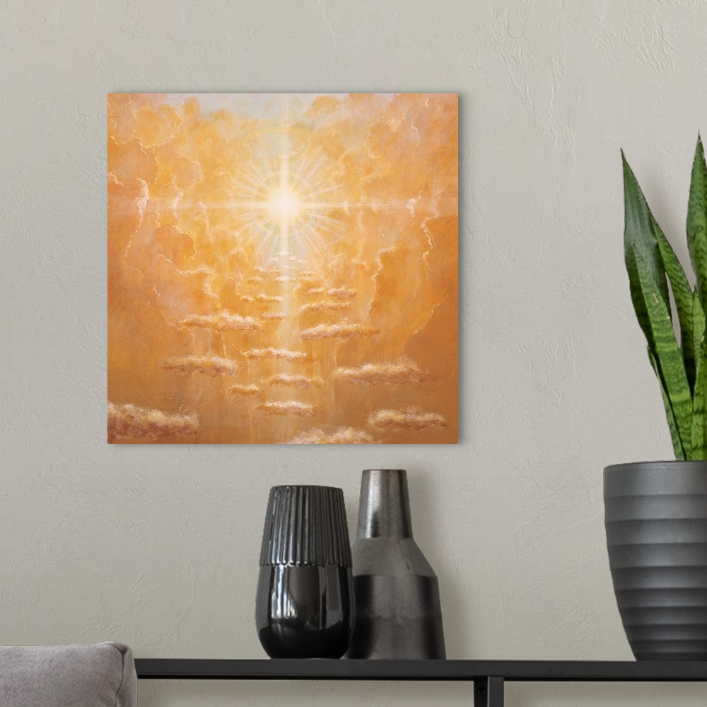 A modern room featuring Square canvas painting of warm toned clouds in the sky with a bright sun in the middle.