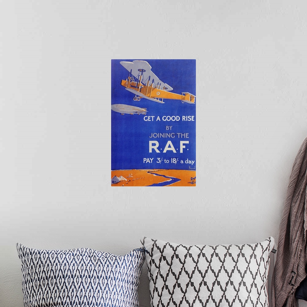 A bohemian room featuring R. A. F. recruitment poster depicting a biplane and zepplin c. 1918. Caption reads: 'Get a good r...