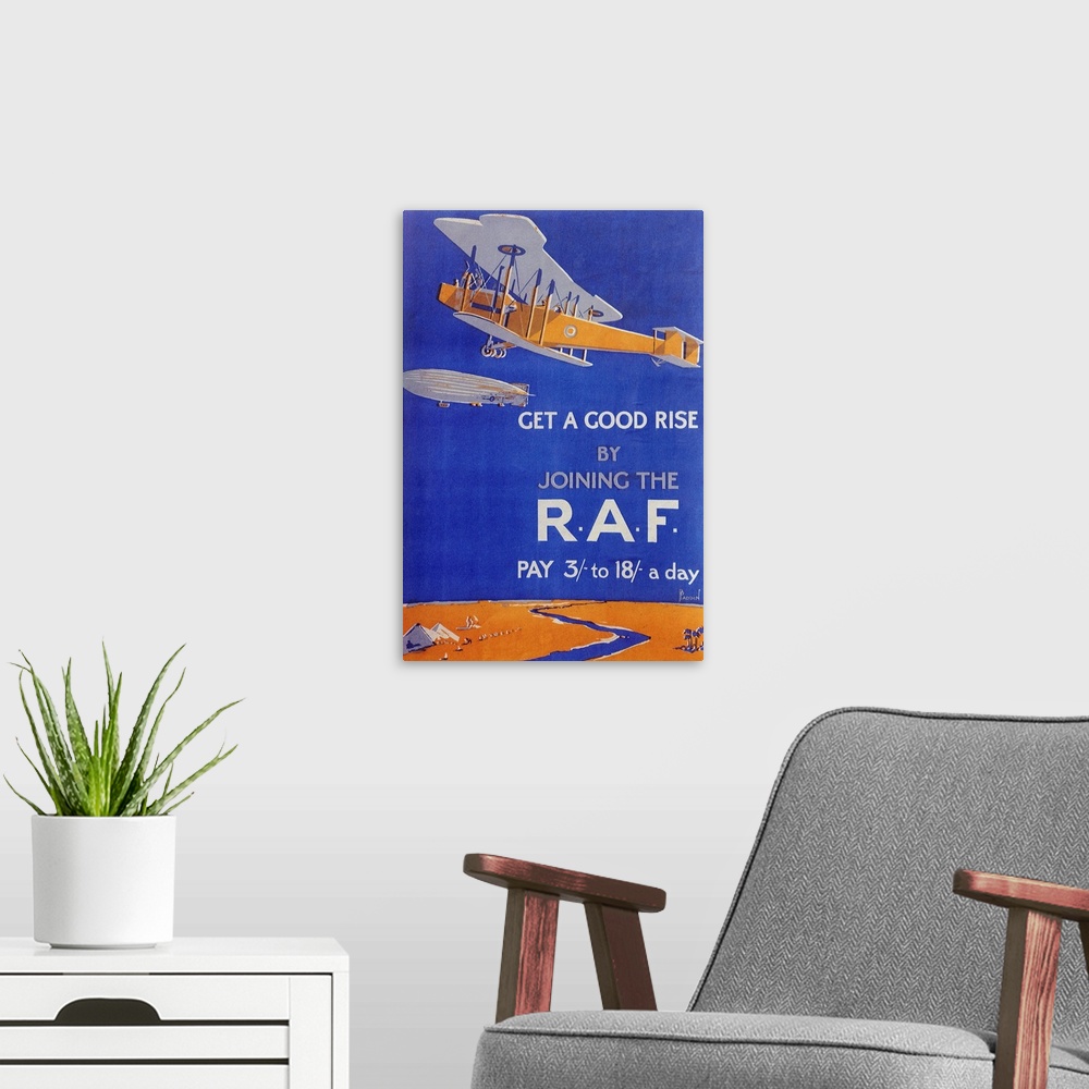 A modern room featuring R. A. F. recruitment poster depicting a biplane and zepplin c. 1918. Caption reads: 'Get a good r...