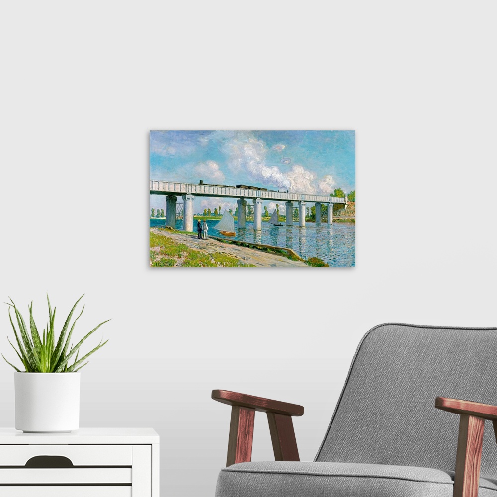 A modern room featuring CH376834 Credit: Railway Bridge at Argenteuil, 1873 (oil on canvas) by Claude Monet (1840-1926)Pr...