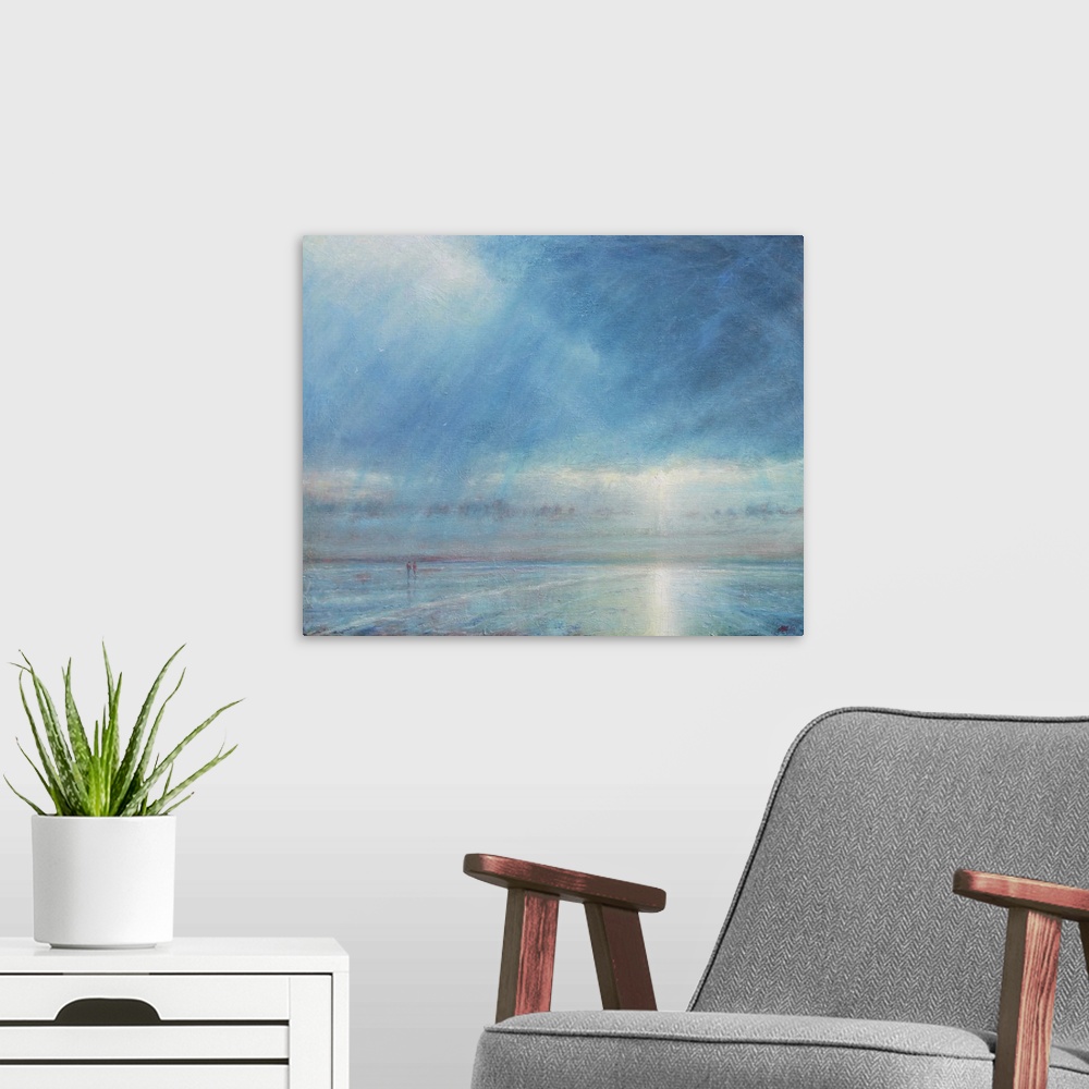 A modern room featuring 7310504 Rainstorm Over Holkham Beach, 2018 (Oil on Canvas) by Hare, Derek (b.1945); 92x76 cm; Pri...