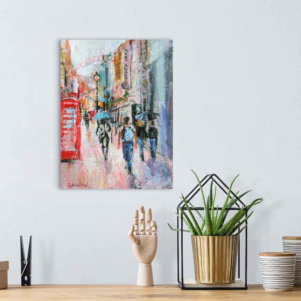 A bohemian room featuring Contemporary painting using bright vivid colors to show a city street scene.