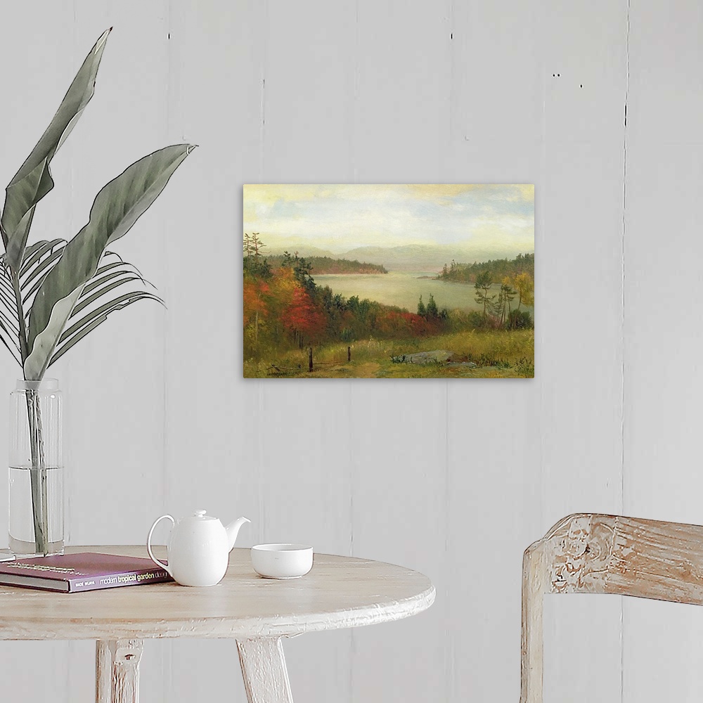 A farmhouse room featuring Painting of river surrounded by fall forest with mountains in the distance under a cloudy sky.