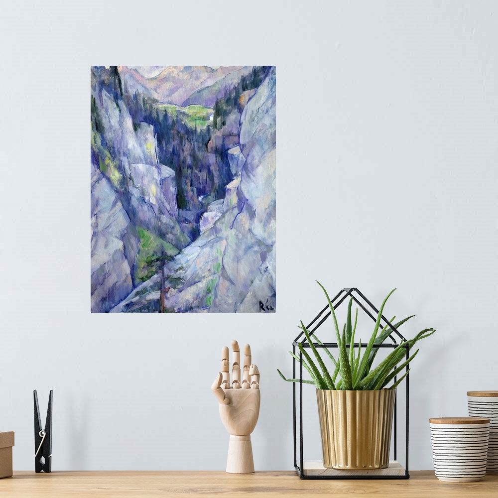 A bohemian room featuring Giant classic art portrays an aerial view looking down the jagged rock faces of a mountain range ...