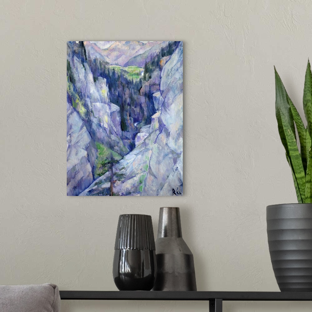 A modern room featuring Giant classic art portrays an aerial view looking down the jagged rock faces of a mountain range ...