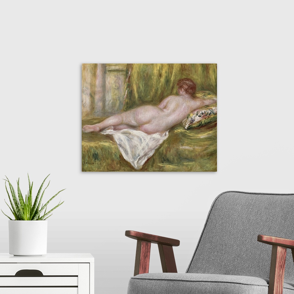 A modern room featuring Landscape classic painting of the back of a nude woman as she lays on her side on a blanketed sur...