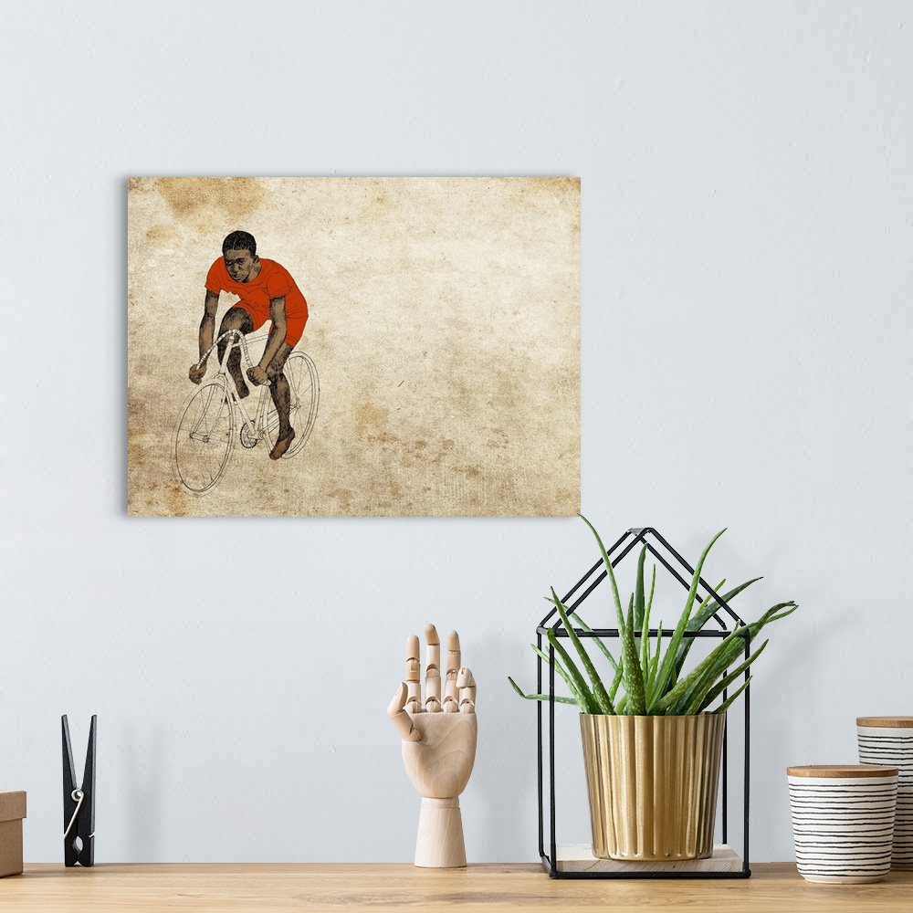 A bohemian room featuring Contemporary illustration of a man on a bicycle against a weathered grungy background.