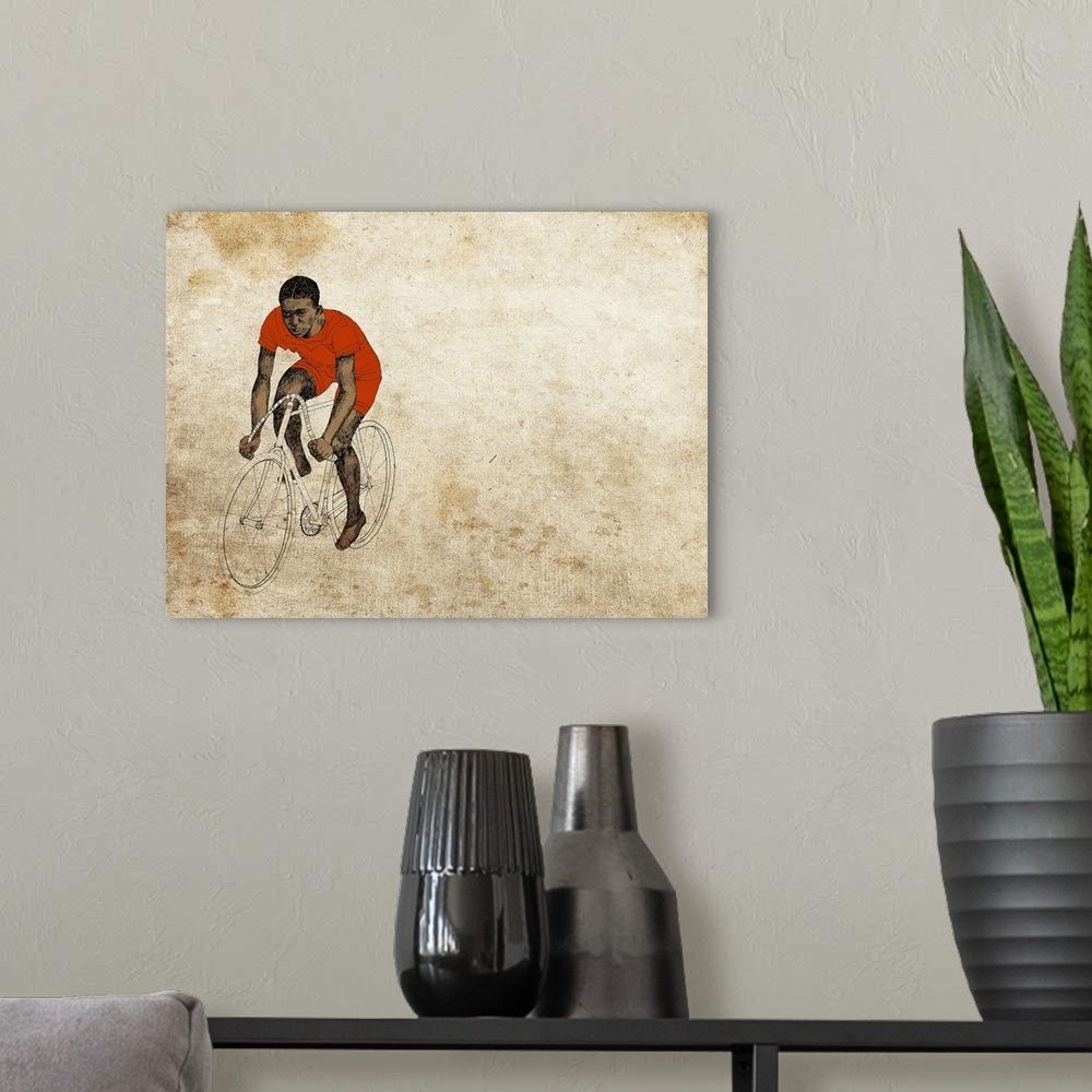 A modern room featuring Contemporary illustration of a man on a bicycle against a weathered grungy background.