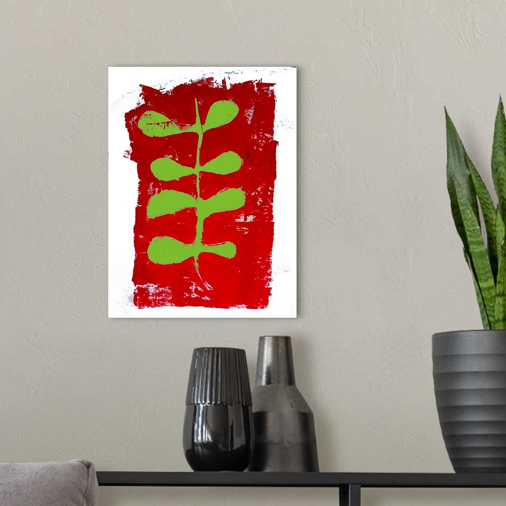 A modern room featuring Red And Green Monoprint 2018