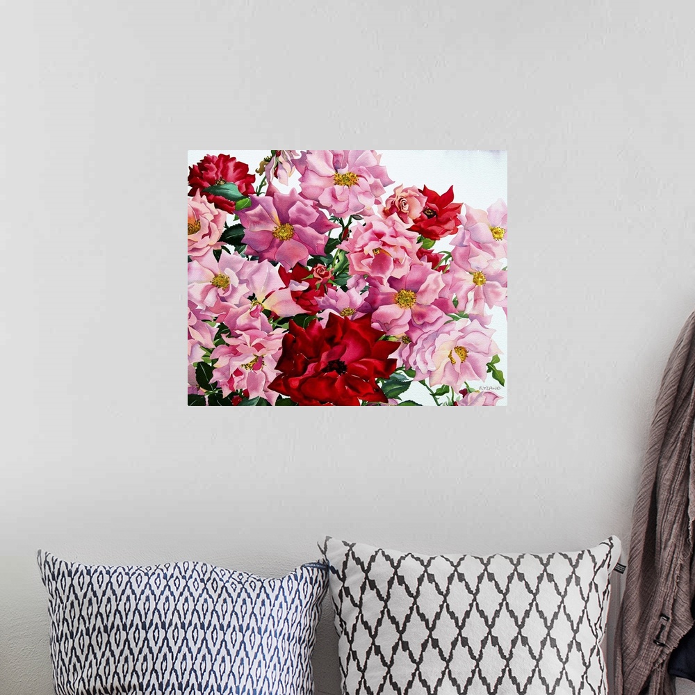 A bohemian room featuring Contemporary painting of a multitude of colorful roses.