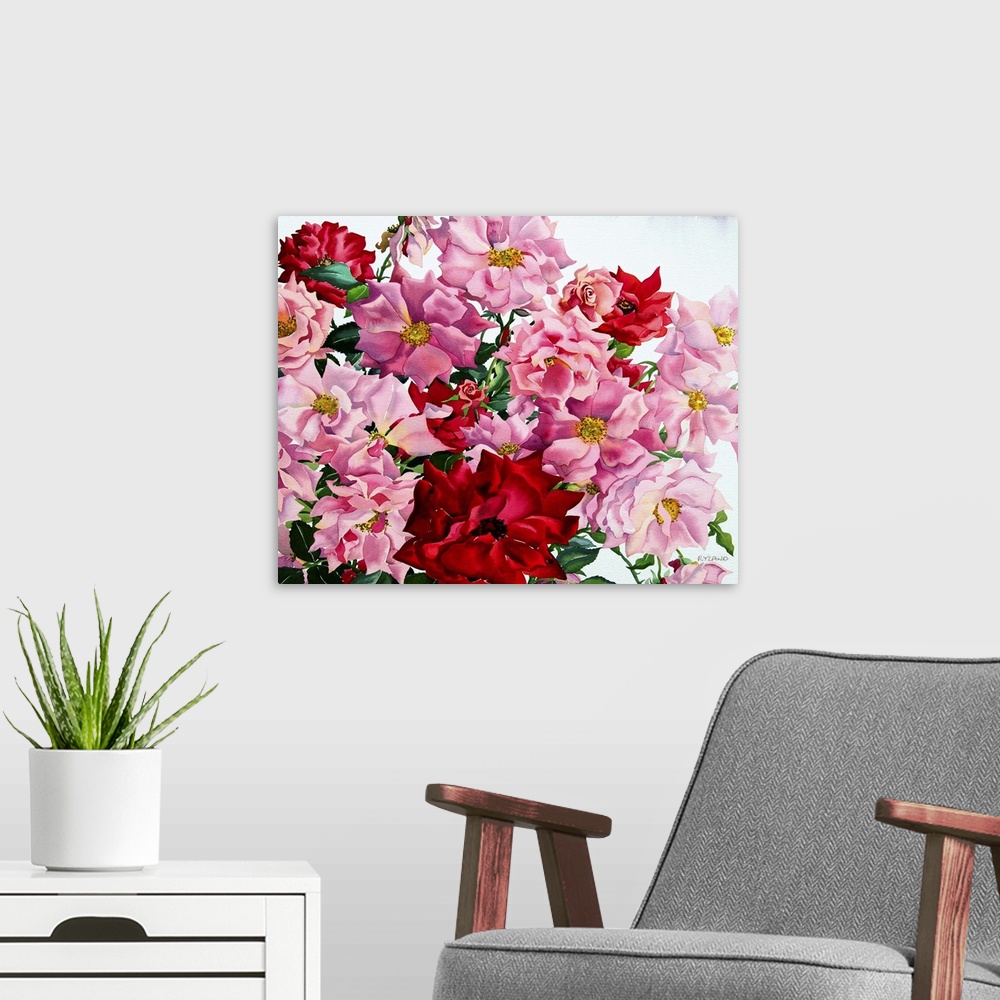 A modern room featuring Contemporary painting of a multitude of colorful roses.
