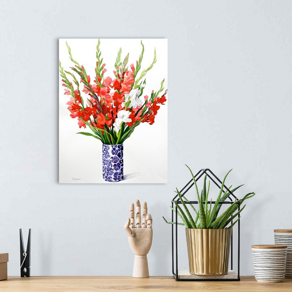 A bohemian room featuring Red and White Gladioli, watercolour on paper.