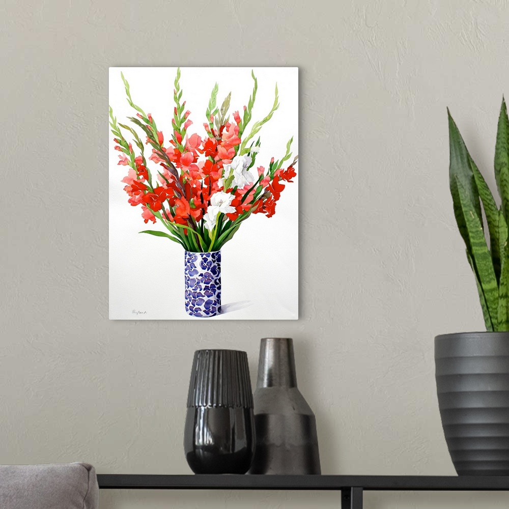 A modern room featuring Red and White Gladioli, watercolour on paper.