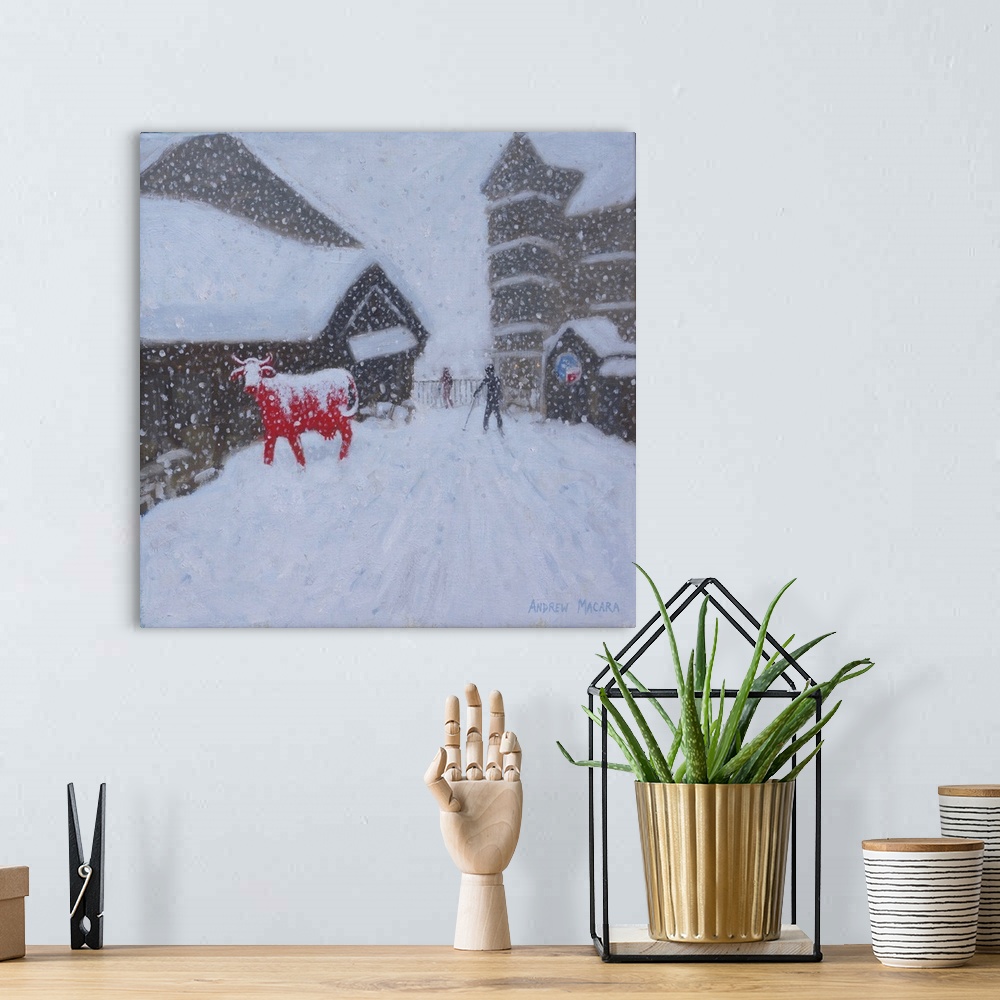 A bohemian room featuring Red Cow, Les Arcs. 2018 (originally oil on canvas) by Macara, Andrew