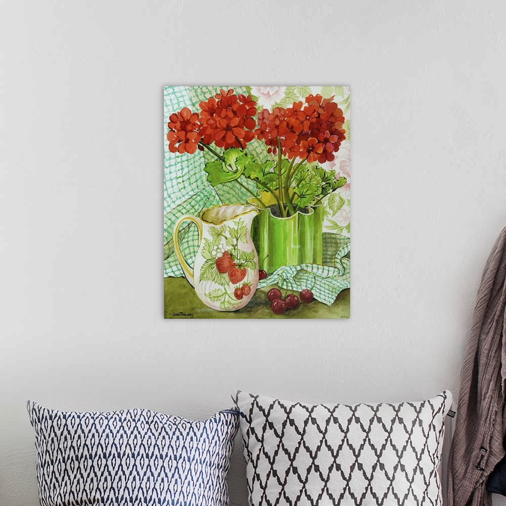 A bohemian room featuring Red geranium with the strawberry jug and cherries