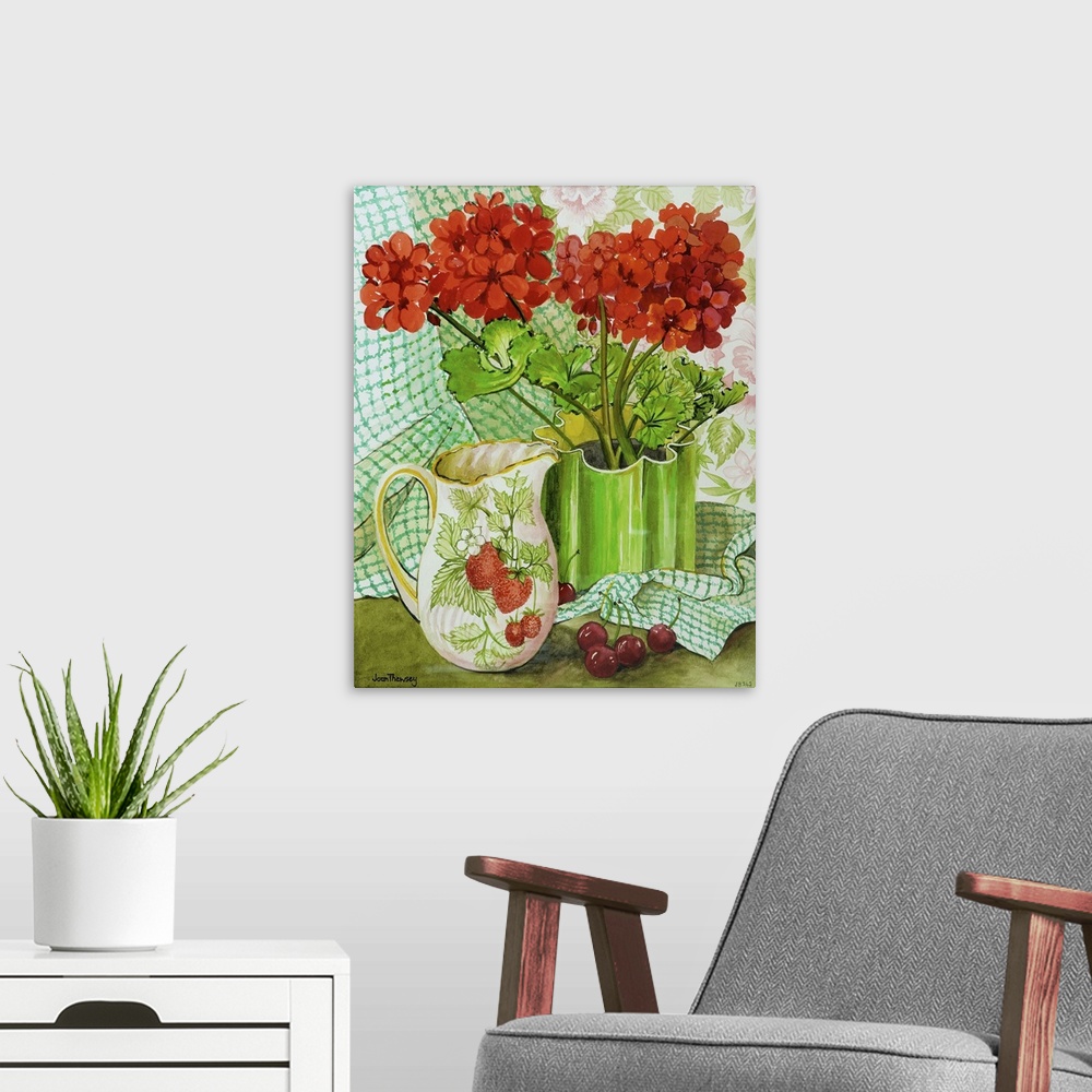 A modern room featuring Red geranium with the strawberry jug and cherries