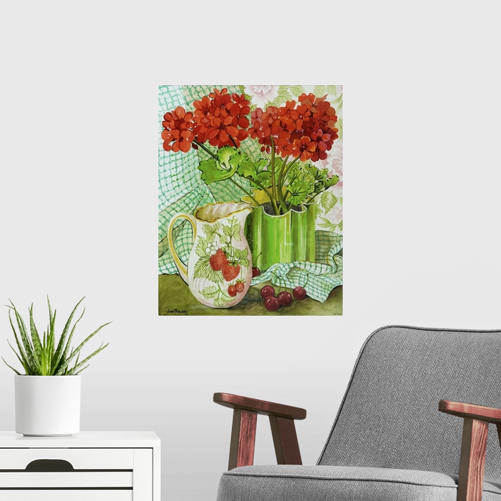 A modern room featuring Red geranium with the strawberry jug and cherries