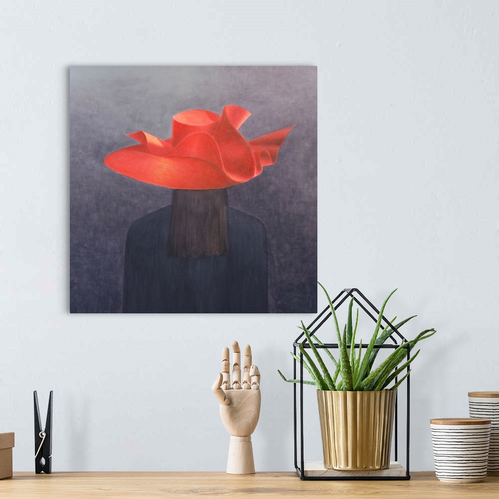 A bohemian room featuring Contemporary painting of a woman wearing a bright red hat.