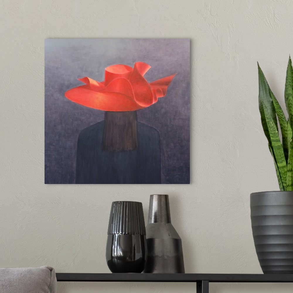 A modern room featuring Contemporary painting of a woman wearing a bright red hat.