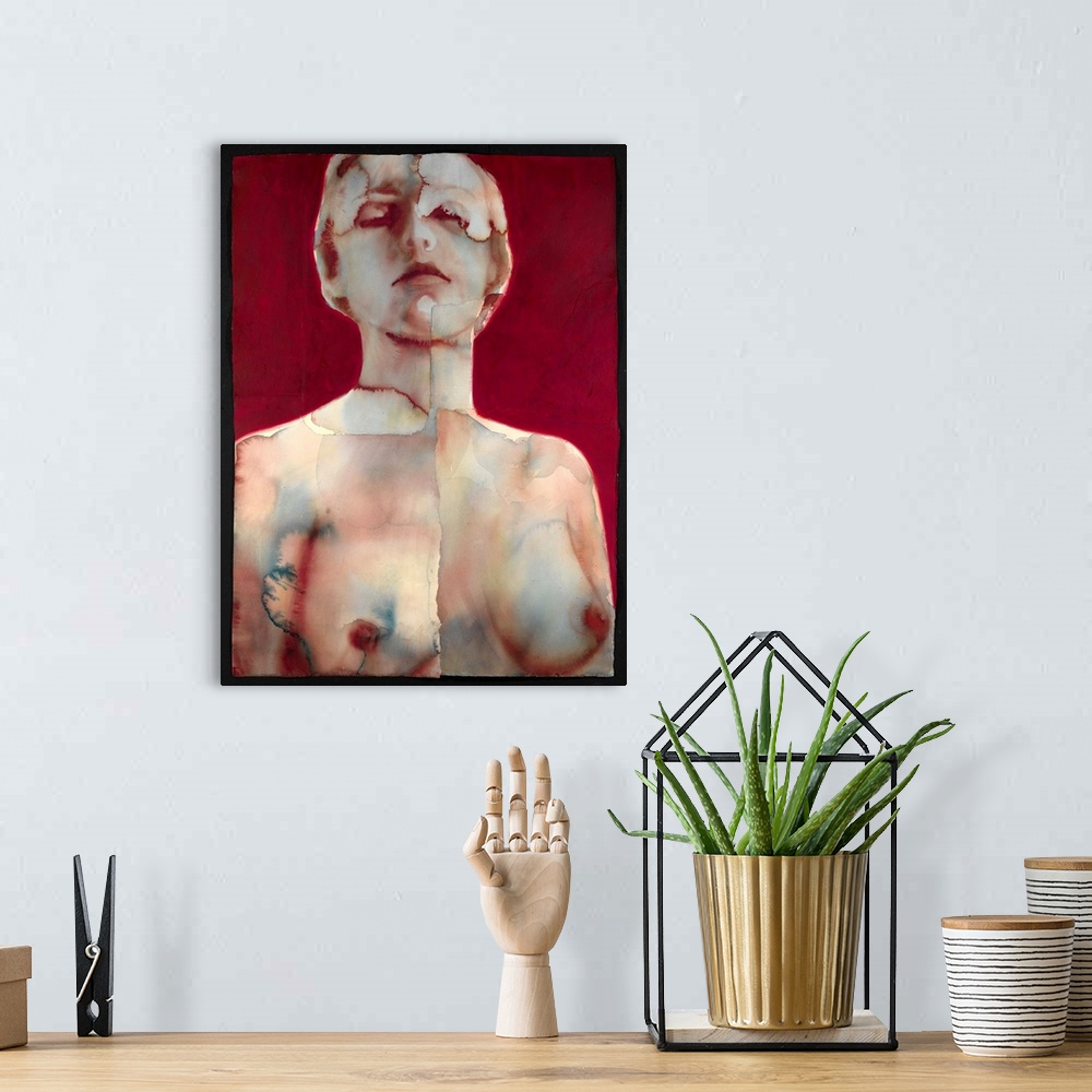 A bohemian room featuring Contemporary watercolor painting of a nude female against a red background.