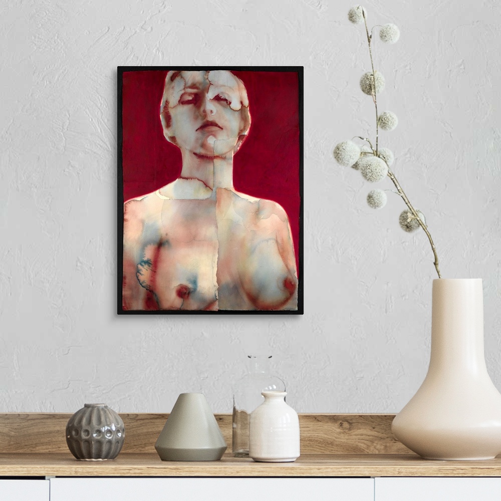 A farmhouse room featuring Contemporary watercolor painting of a nude female against a red background.
