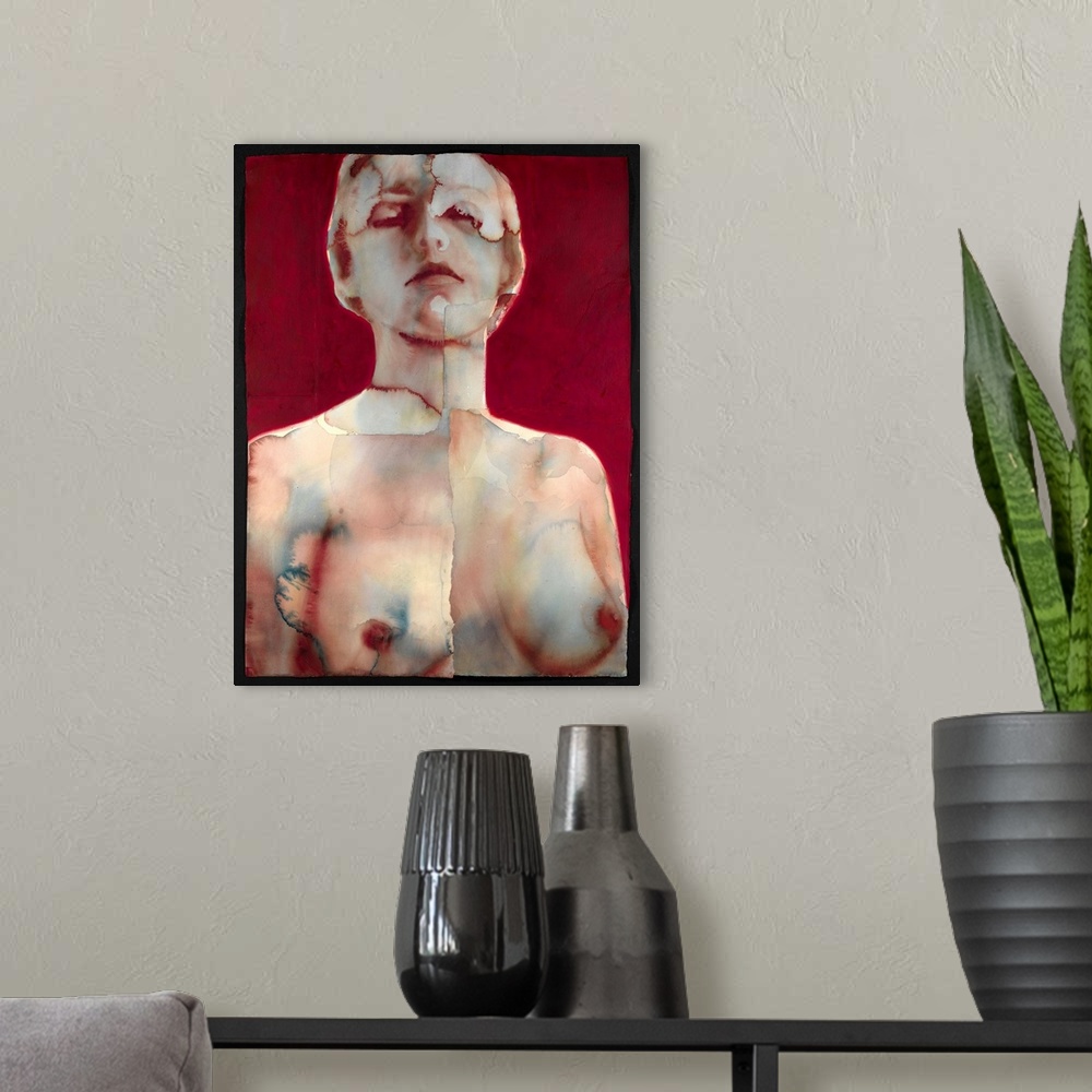 A modern room featuring Contemporary watercolor painting of a nude female against a red background.