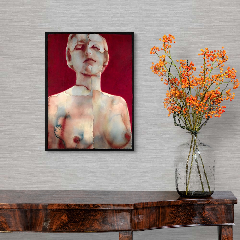 A traditional room featuring Contemporary watercolor painting of a nude female against a red background.