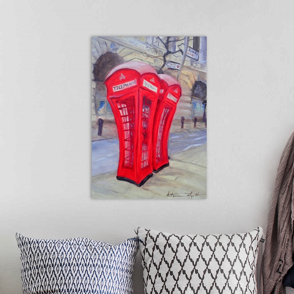 A bohemian room featuring Large oil painting of two telephone booths in London with buildings and a street in the background.