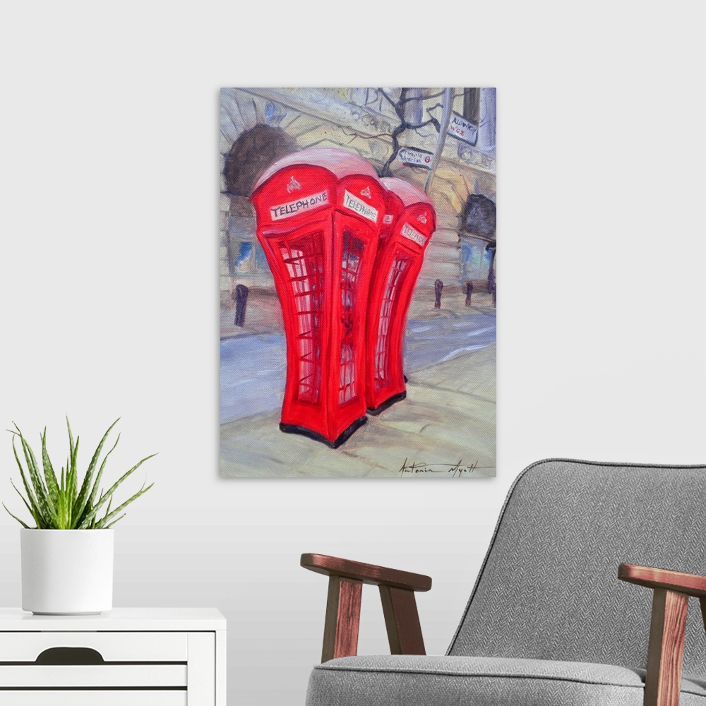 A modern room featuring Large oil painting of two telephone booths in London with buildings and a street in the background.