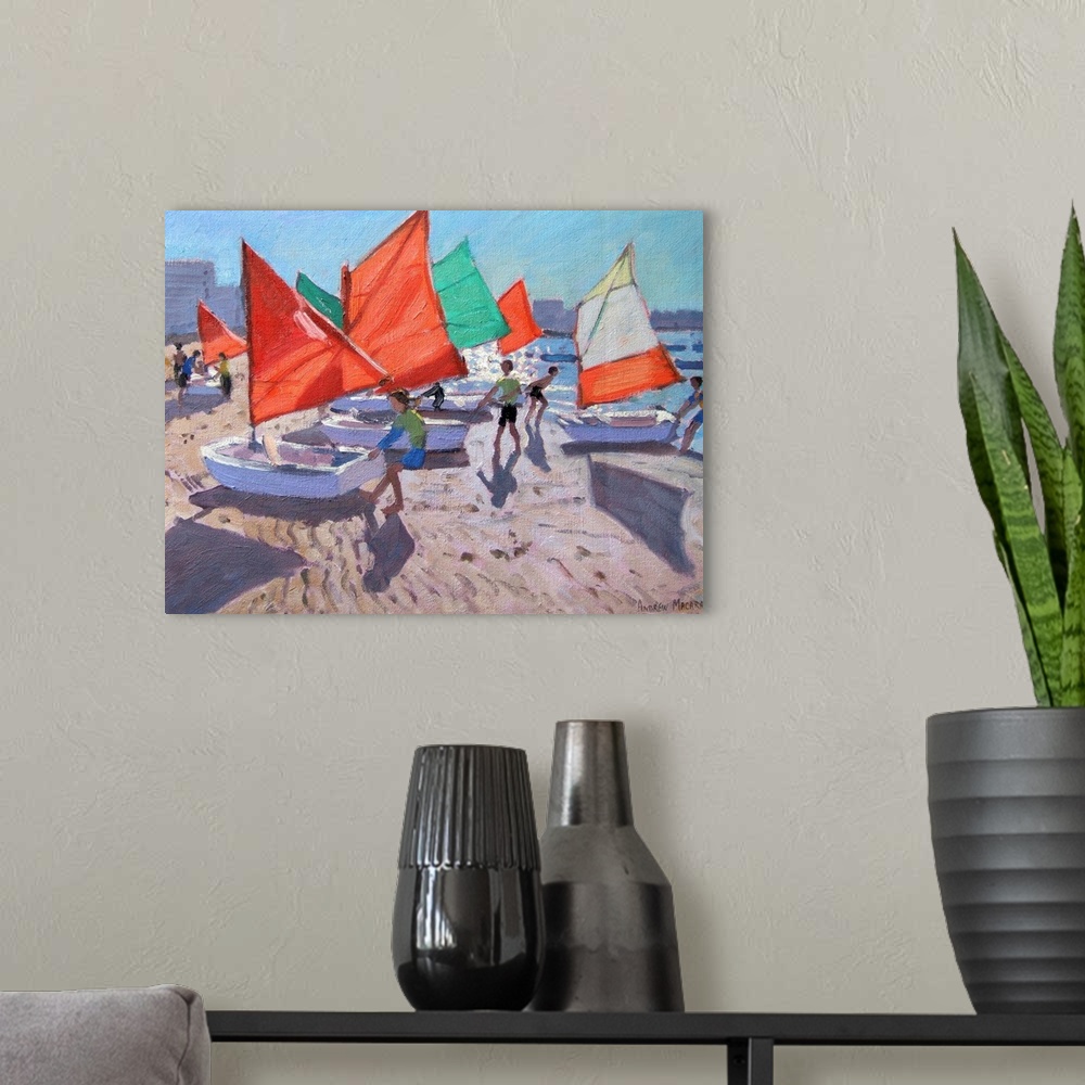 A modern room featuring Red Sails, Royan, France, oil on canvas, by Andrew Macara.