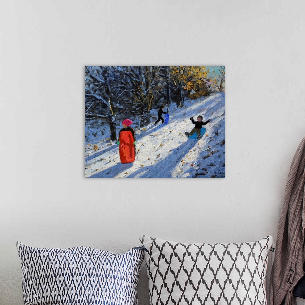 A bohemian room featuring Contemporary painting of children sledding down a hill in the snow.
