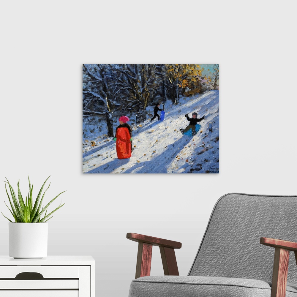 A modern room featuring Contemporary painting of children sledding down a hill in the snow.