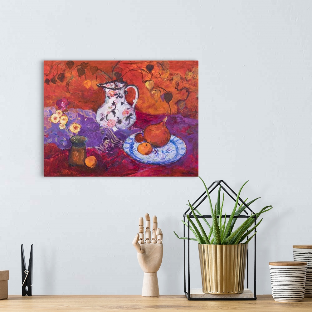 A bohemian room featuring Red Still Life With Chinese Lantern