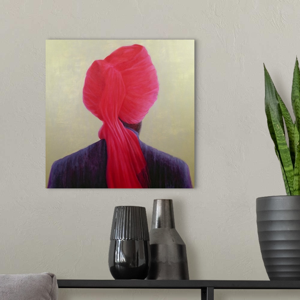 A modern room featuring Red Turban, Purple Jacket