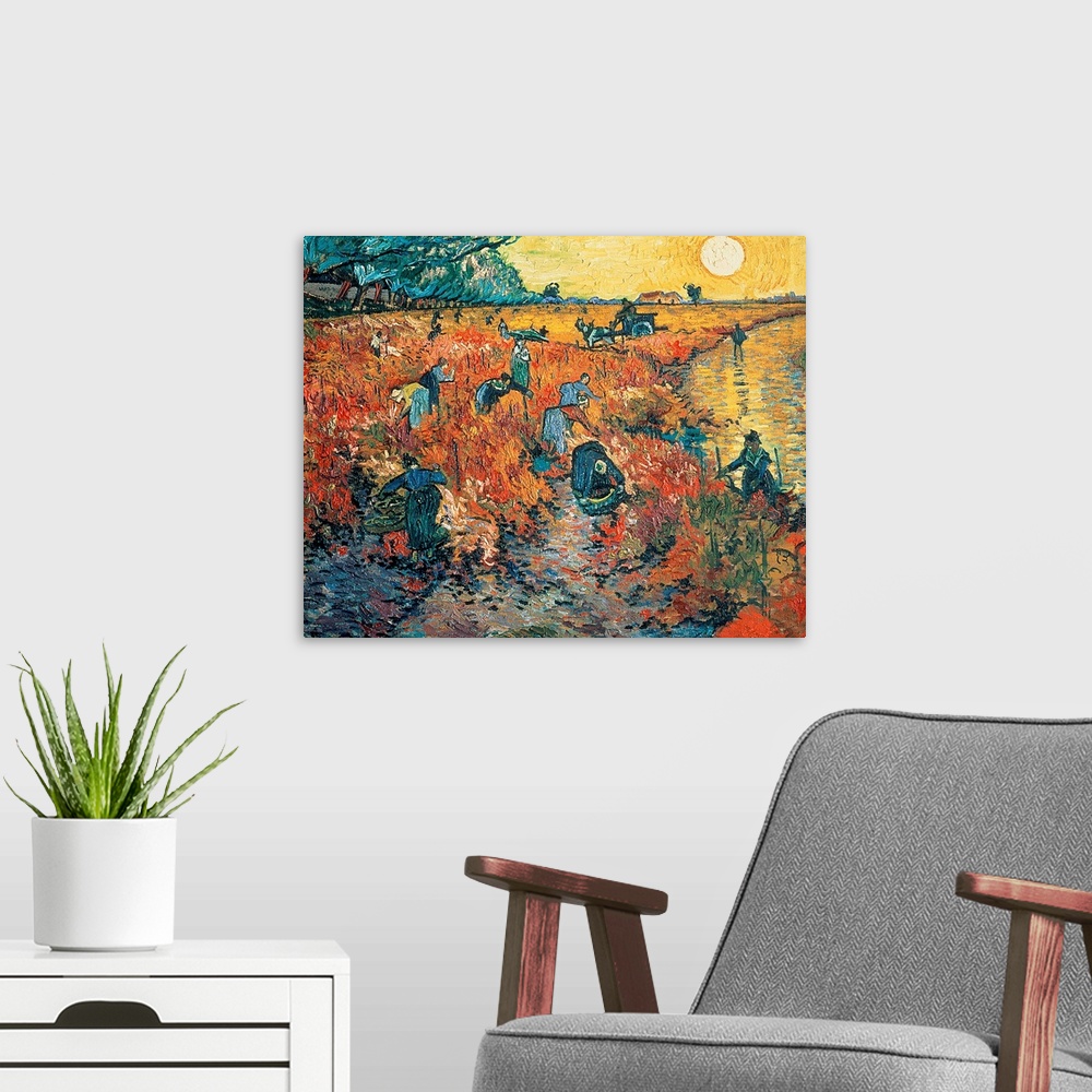 A modern room featuring Impressionist painting of farm workers harvesting grapes in the late afternoon