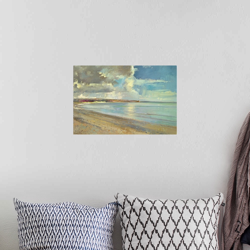 A bohemian room featuring A contemporary, realistic landscape painting of a sandy beach on a partially cloud day.