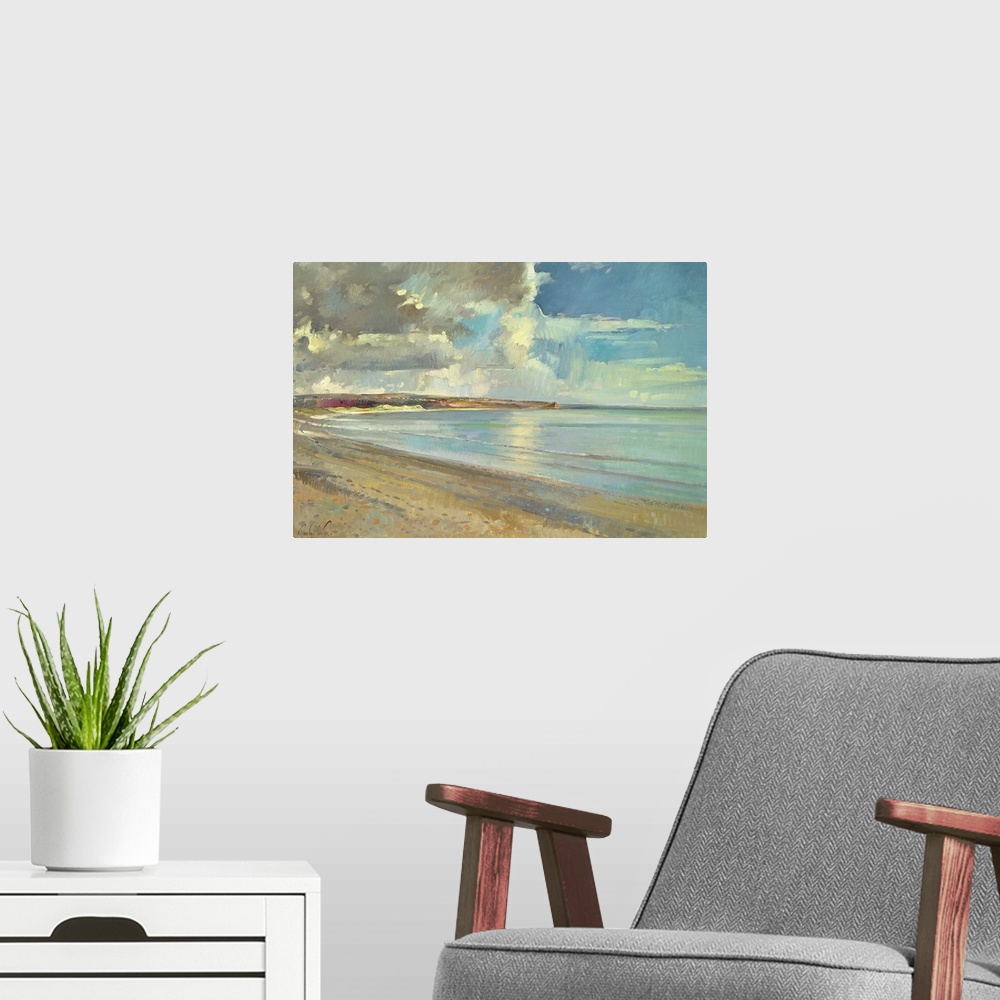 A modern room featuring A contemporary, realistic landscape painting of a sandy beach on a partially cloud day.