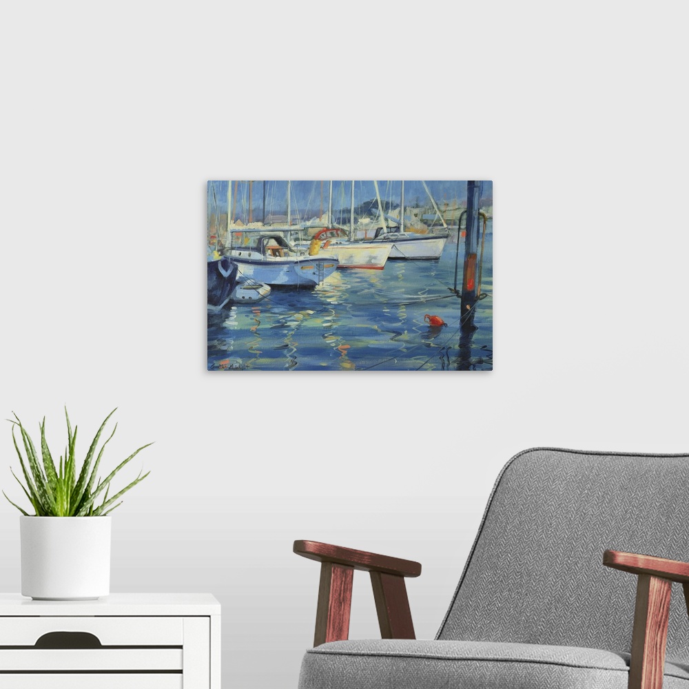 A modern room featuring Contemporary painting of sailboats on the water off the English coast.