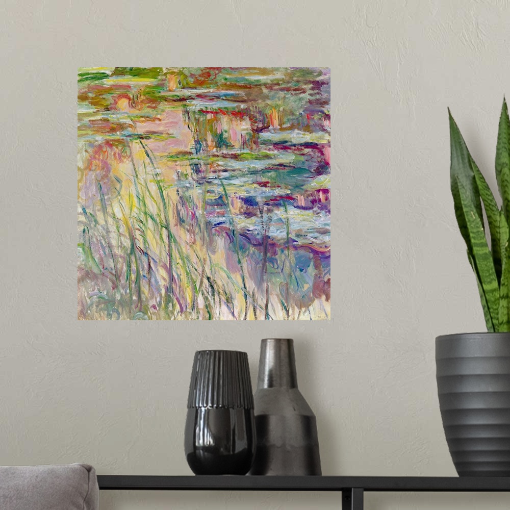 A modern room featuring This landscape painting shows the details of plant life growing around and the surface of a garde...