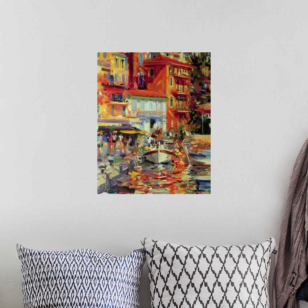 A bohemian room featuring Artwork for the home or office with colorful buildings drawn in the background sitting on a river...